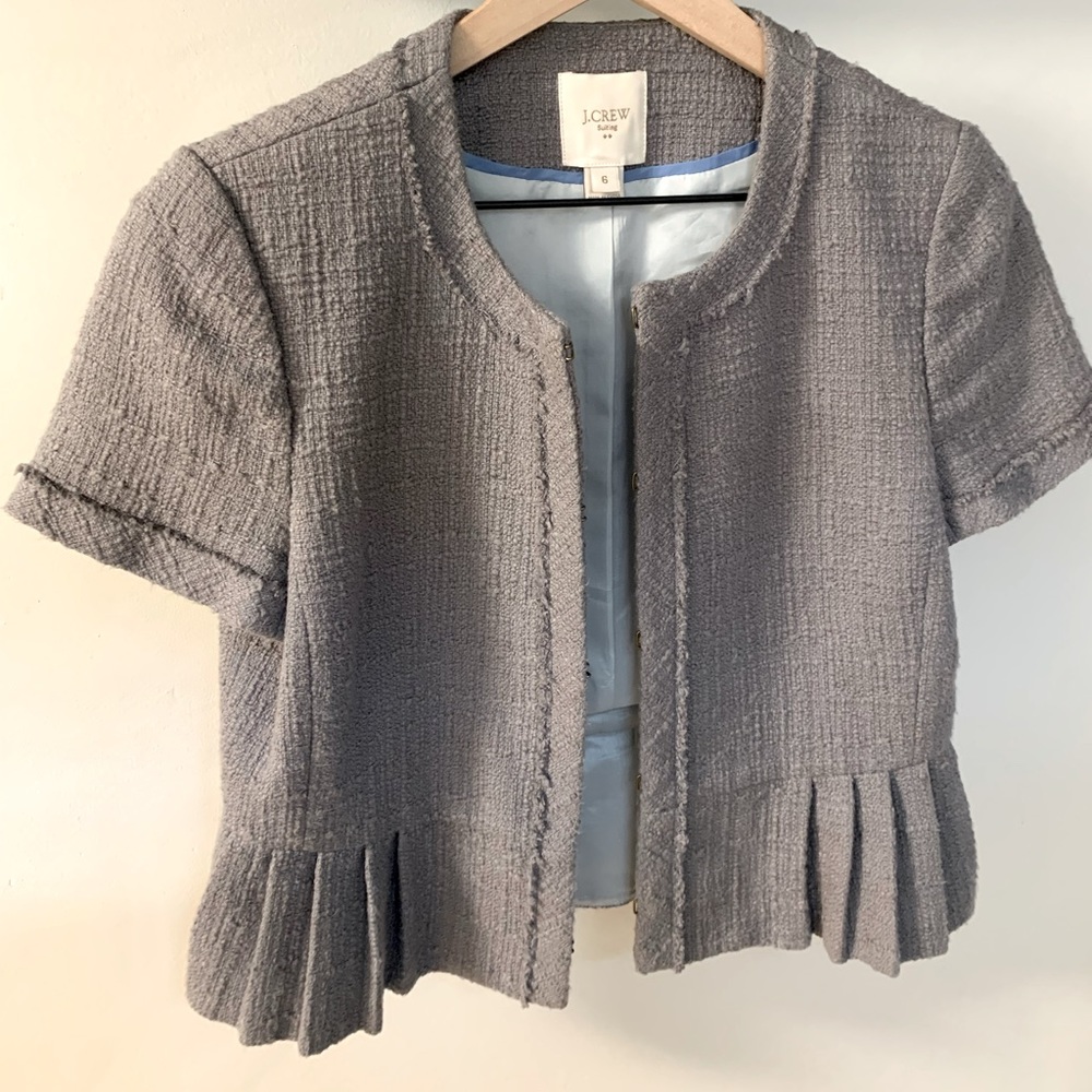 J. Crew grey suit jacket, shirt sleeves with flounce at hip. Tweed material.